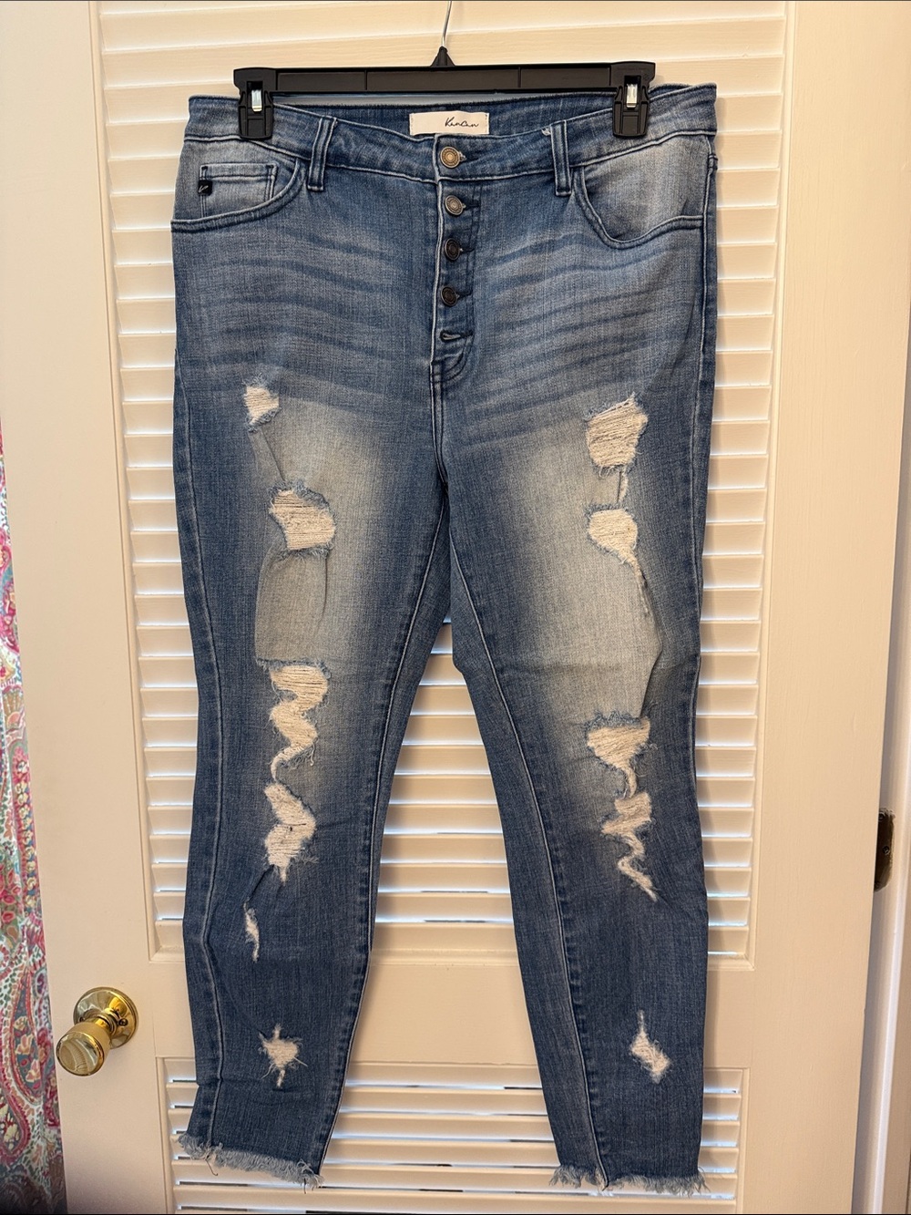 KanCan Distressed Button-Fly Skinny Jeans in Blue